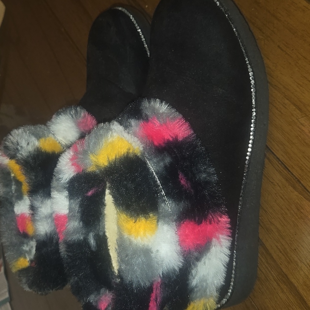 bebe Black Ankle Booties with Colorful Faux Fur